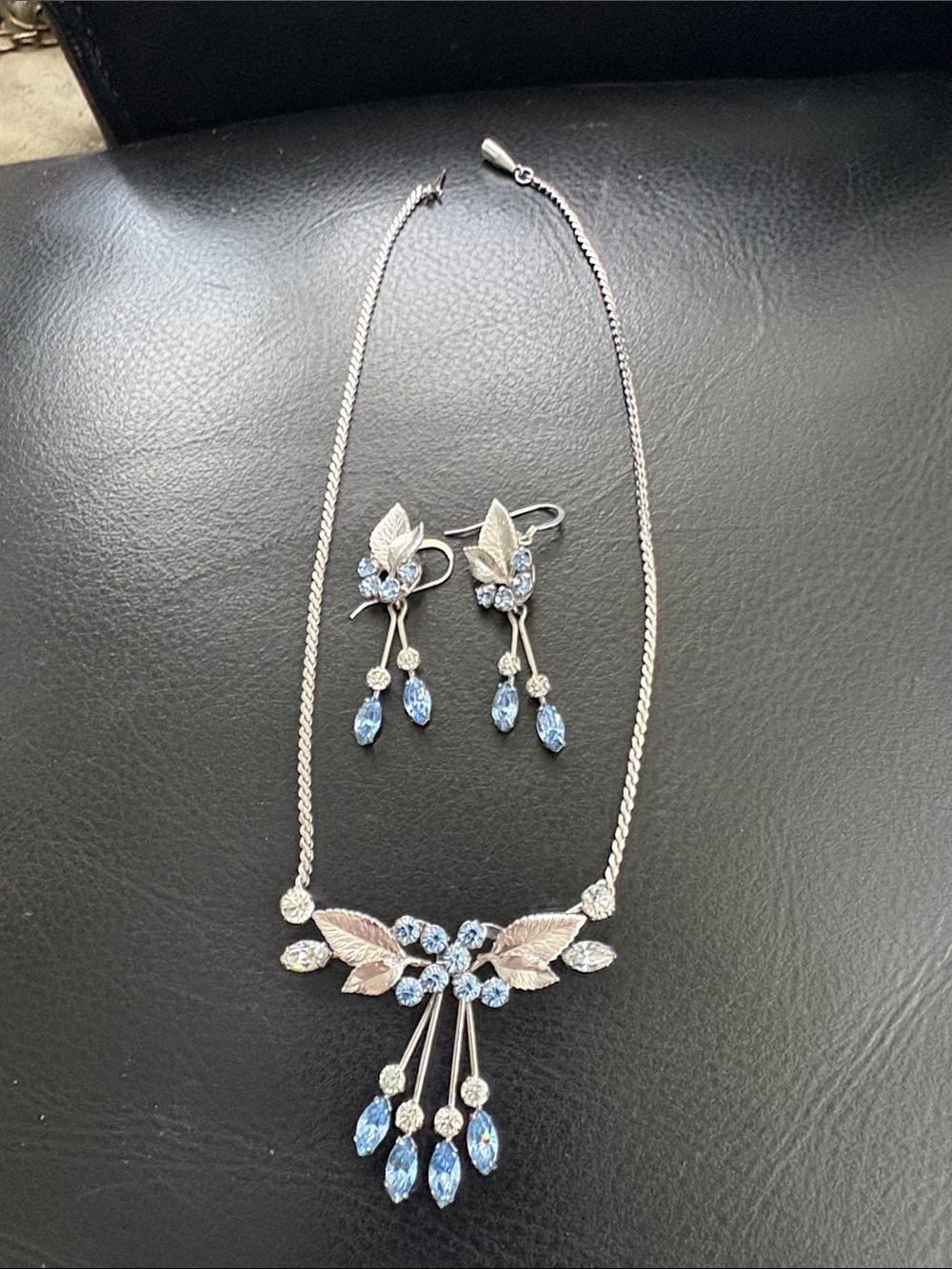 Authentic Krementz RhinestoneLeaf Necklace And Earrings Mid Century 1950s